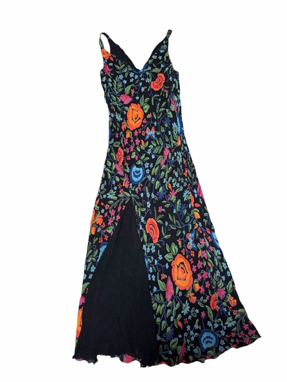 Vintage  Black Floral Print Maxi Dress Sheer Overlay Slip Boho Cottagecore